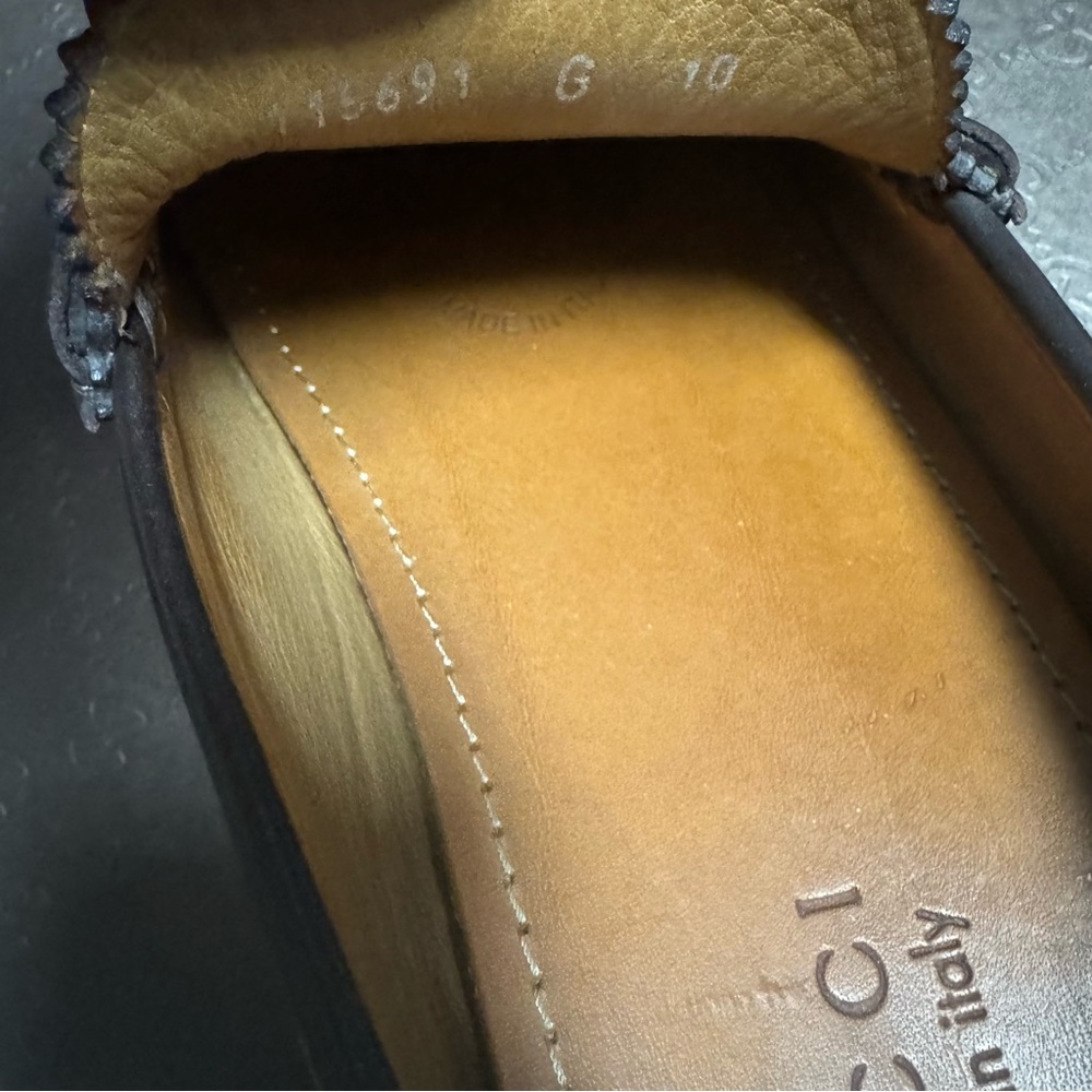 Gucci Brown and Green Leather Loafers with Signature Stripe - Picture 10 of 12